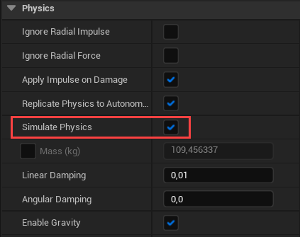 Physics component of the Sphere object in Unreal Engine