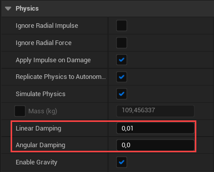Linear and Angular Damping properties of the Sphere in Unreal Engine