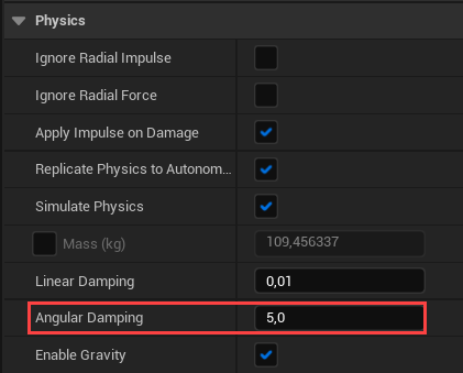 Setting up the "Angular Damping" property in Unreal Engine