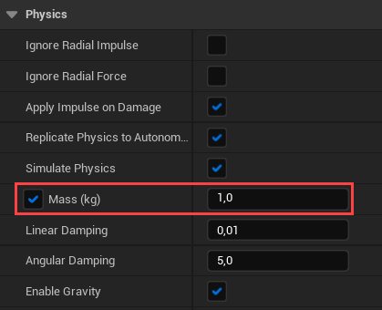 Enabling the Sphere's Mass property in Unreal Engine