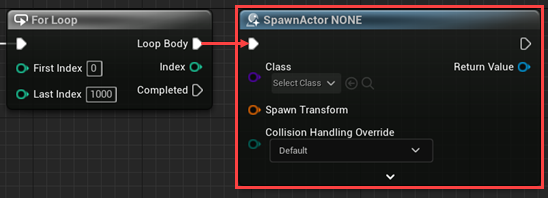 Connecting the 'Loop Body' pin to a new SpawnActorFromClass node in Unreal Engine