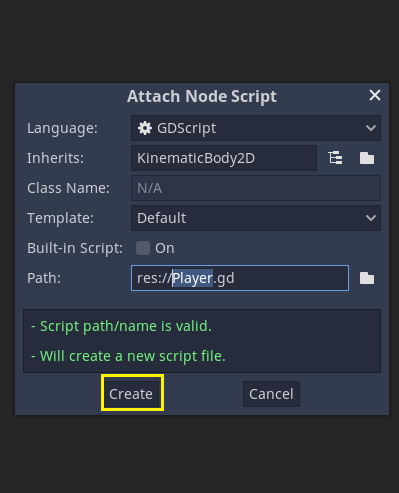 Creating a new script in Godot