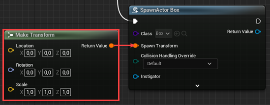 Connecting a Make Transform node to the Actor's 'Spawn Transform' input pin