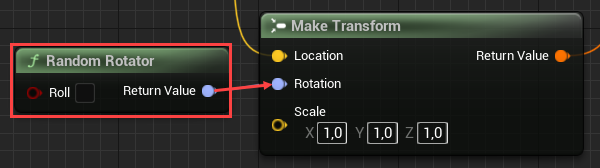 Connecting a Random Rotator node to the Make Transform's 'Rotation' input
