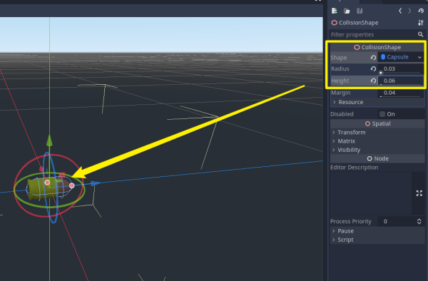 Setting up the collider's shape, radius, and height in Godot