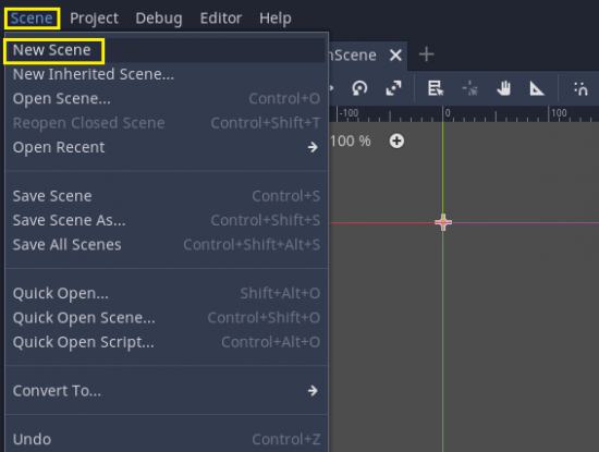 Click on Scene then 'New scene' to create our player in Godot