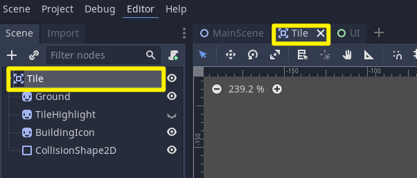Selecting the Tile root node in Godot