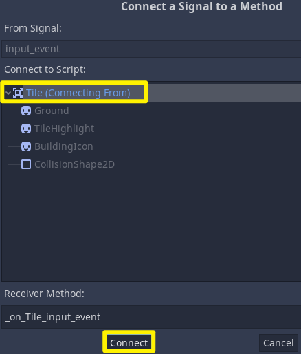 Connecting the Input_event signal to the Tile node in Godot