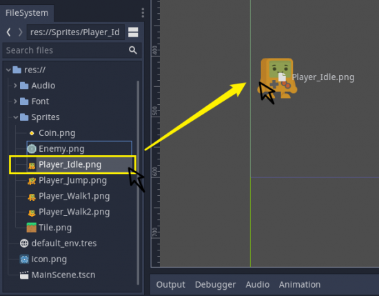 Drag the Player_Idle image to the viewport in Godot