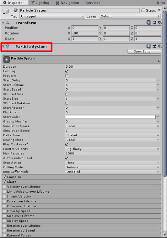 Particle System tab in the Inspector