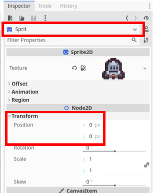 Sprite2D object with Transform at 0,0 and renamed to Sprite