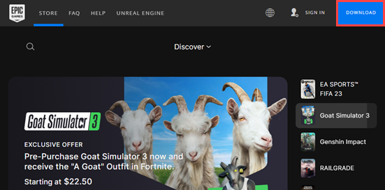 Epic Games Store with the Download button pointed out