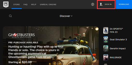 Epic Games Store with the Sign In button highlighted