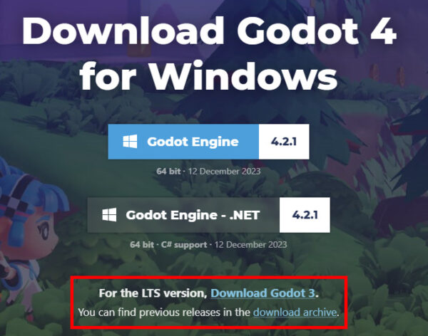 LTS and archived Godot version download links pointed out