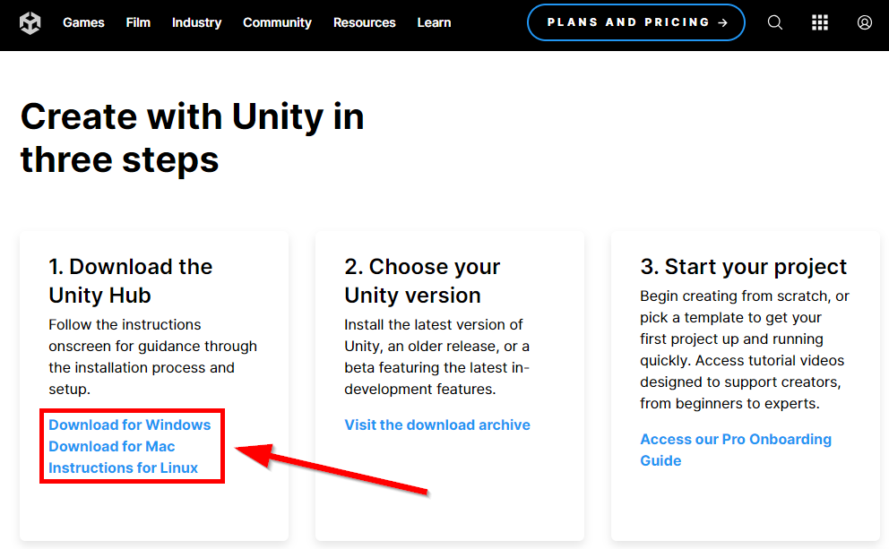 Unity download page with different operating system options pointed out