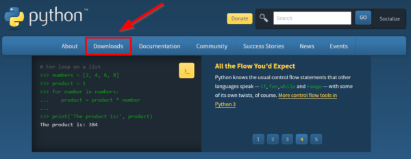 Python website with the Downloads page menu item pointed out