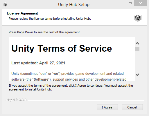 Unity Hub Setup process with the License Agreement window open