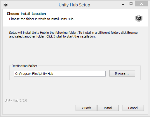 Unity Hub Setup process with the Choose Install Location window open