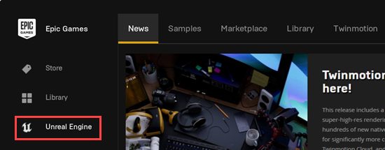 Epic Games Launcher with the Unreal Engine menu item circled