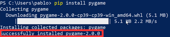 Windows PowerShell with Pygame successfully installed