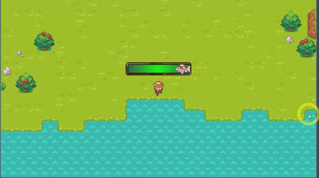 Cozy pixel-art Godot game with a fishing minigame bar above the player beside the water