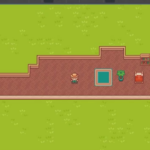 Top-down Godot house with connected walls, floor tiles, a carpet, bed, plant, and bookshelf.
