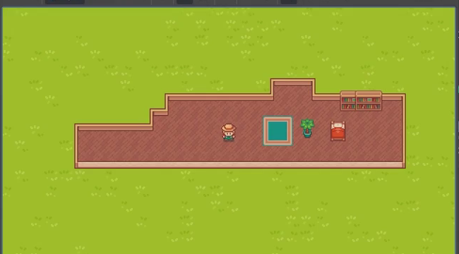 Top-down Godot house with connected walls, floor tiles, a carpet, bed, plant, and bookshelf.