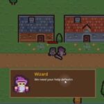 Godot RPG gameplay showing a wizard conversation with an NPC portrait and dialogue panel.