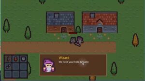 Godot RPG gameplay showing a wizard conversation with an NPC portrait and dialogue panel.