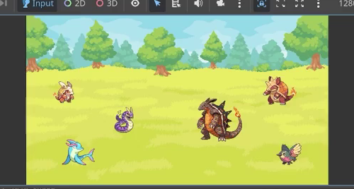 Godot battle scene with three player monsters on the left and three different enemy monsters on the right against a grass biome background.