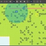 Godot tower defense island with a tiled path, trees, a tower range circle, and a light blue water background.