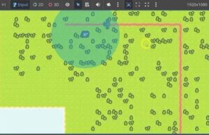 Godot tower defense island with a tiled path, trees, a tower range circle, and a light blue water background.