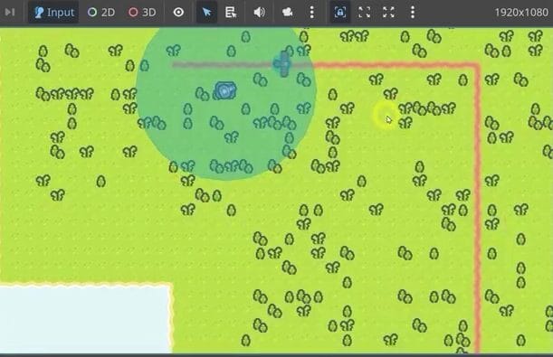Godot tower defense island with a tiled path, trees, a tower range circle, and a light blue water background.