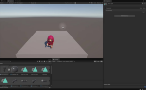 Unity Game view showing the hooded player character standing on a platform after setting up idle, movement, and jump animations.