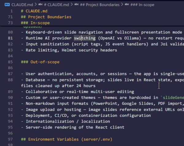 How to Write Claude Code Instructions With CLAUDE.md 1 CLAUDE.md in VS Code showing in-scope and out-of-scope project boundaries for an AI slide deck generator.