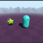 A bright star pickup beside a teal player capsule on a purple grid floor in a Godot 3D scene.
