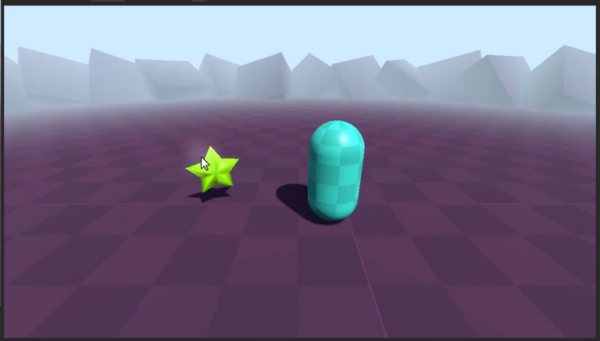 A bright star pickup beside a teal player capsule on a purple grid floor in a Godot 3D scene.