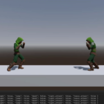 Two fighter characters facing each other on a test platform in Godot, with input output below the game view