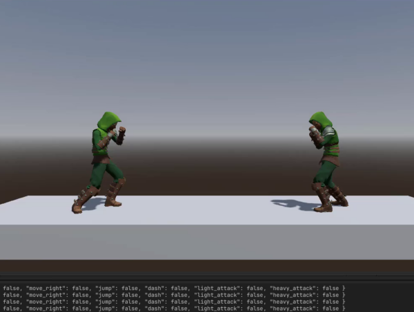 How to Build a Godot Input Buffer for a Fighting Game 1 Two fighter characters facing each other on a test platform in Godot, with input output below the game view
