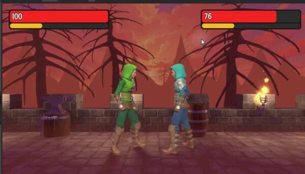 Two fighters on a stone arena with red health bars and yellow stamina bars at the top of the screen