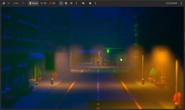 How to Build a Godot Cinematic Camera for 3D Cutscenes 1 Godot cinematic street scene with a narrow field of view and blurred foreground lighting.