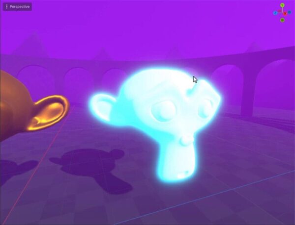 How to Use Godot Materials and Set Up 3D Environments 1 Cyan emissive monkey mesh glowing in a purple Godot environment.