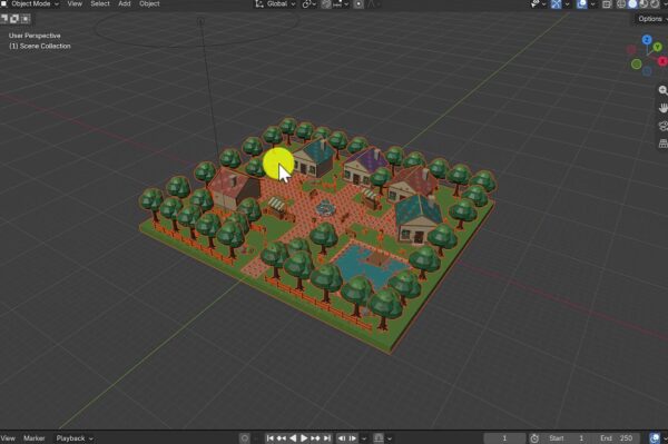 How to Use Blender MCP to Build a Godot 3D Scene with GPT Astra 11 A completed low-poly village in Blender with houses, trees, paths, water, fences, and reusable scene objects.