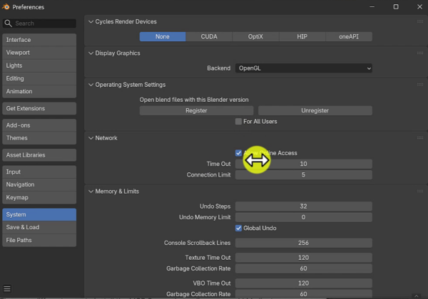 How to Use Blender MCP to Build a Godot 3D Scene with GPT Astra 10 Blender Preferences with the System category selected and Allow Online Access enabled in the Network settings.