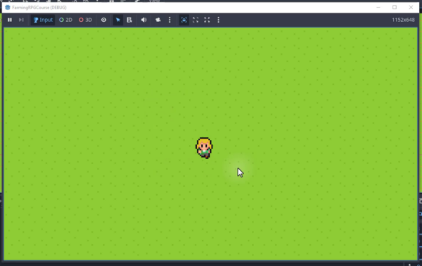 Player character standing on the grass farmland TileMap in a Godot farming game