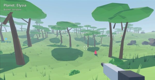 The original Godot exploration prototype with low-poly trees and gently rolling green terrain.