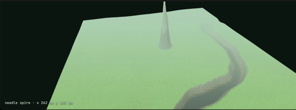 Interactive terrain preview with a needle spire and a canyon cut through a flat surface.