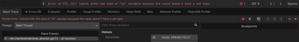 Godot reports that it cannot infer the type of the id variable, with the debugger stack trace below.