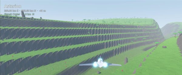 A ship flies through a canyon lined with stepped green slopes in the first terrain revision.
