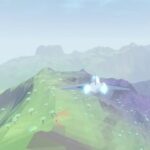 A ship flies above varied ridges where green terrain meets a purple fungal landscape.